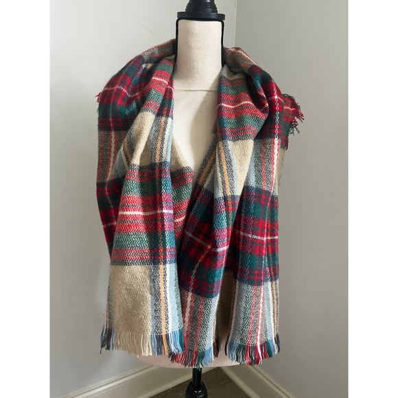 Unbranded Accessories - Oversized Plaid Blanket Scarf Red Green Tan Tartan Fringe Shawl Holiday Cabin